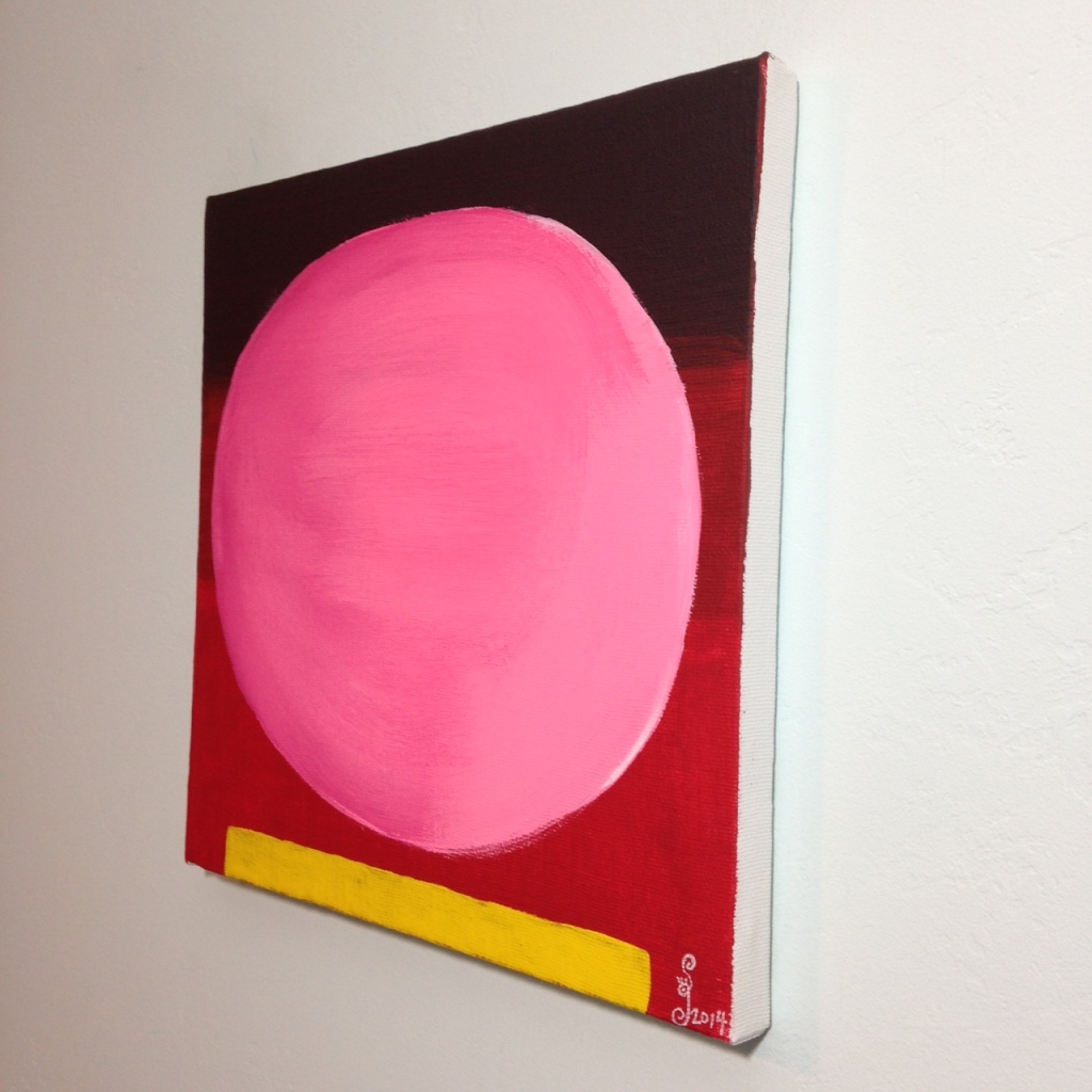 Side-VIew Rosa Kugel auf Rot mit gelben Streifen- Tribute to Rupprecht Geiger Linda Cleary 2014 Acrylic on Canvas