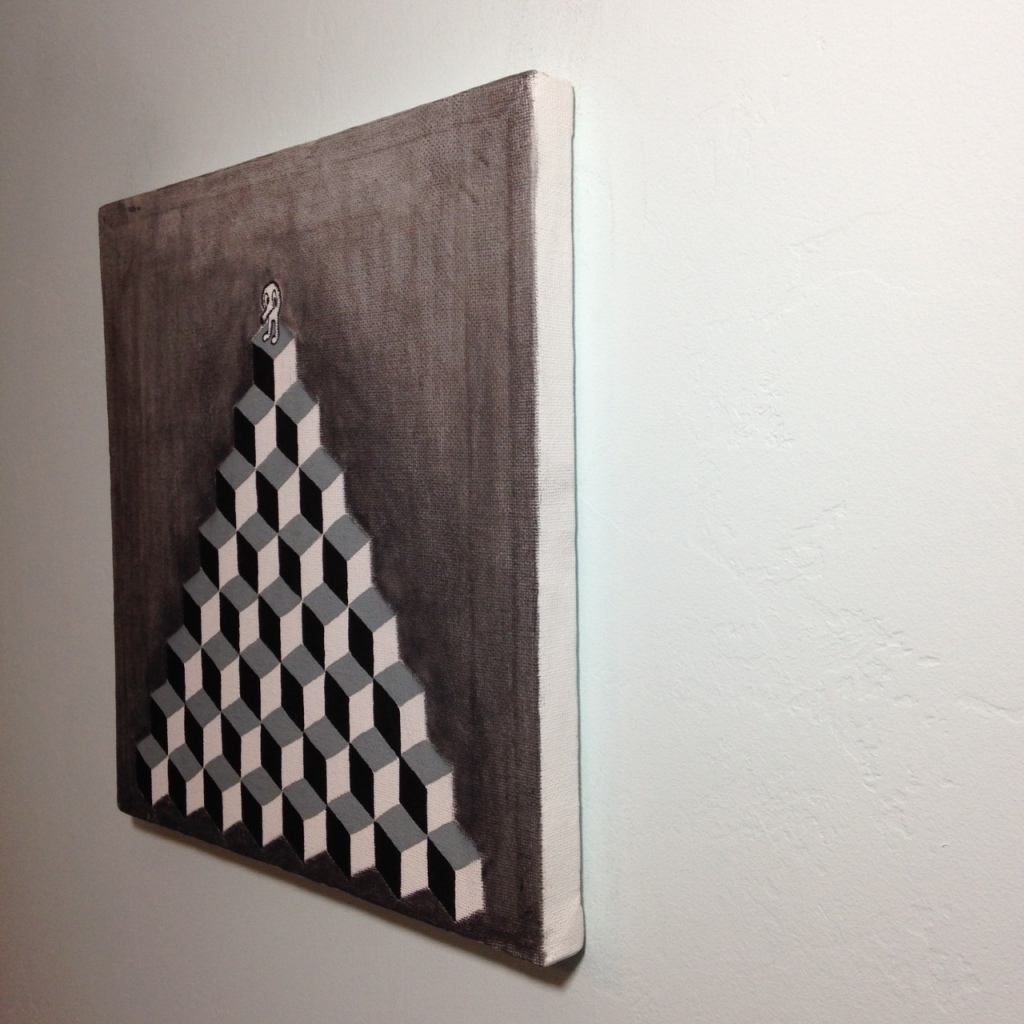 Side-View Q-Bert- Tribute to M.C. Escher Linda Cleary 2014 Acrylic and Graphite on Canvas